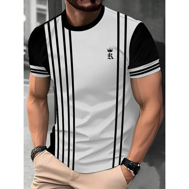 Men's loose fit digital printed T-shirt with striped pattern and short sleeves