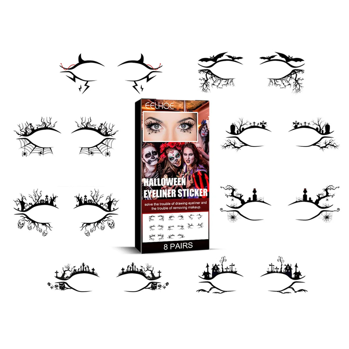 Bat and spider shaped eyeliner sticker set with 8 pairs for Halloween face makeup