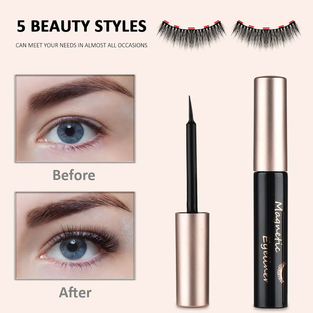 Magnetic false eyelashes set with 5 pairs of imported fibre lashes and 2 mascaras, hand-crafted, 13.7x14.5x1.7cm case
