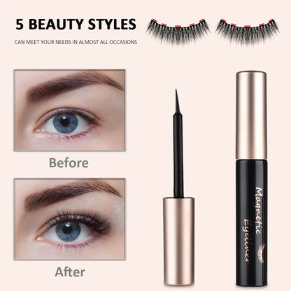 Magnetic false eyelashes set with 5 pairs of imported fibre lashes and 2 mascaras, hand-crafted, 13.7x14.5x1.7cm case