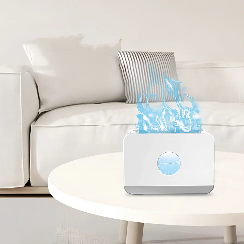 Square two-colour flame aromatherapy humidifier showing black unit with blue and orange flame lighting effect