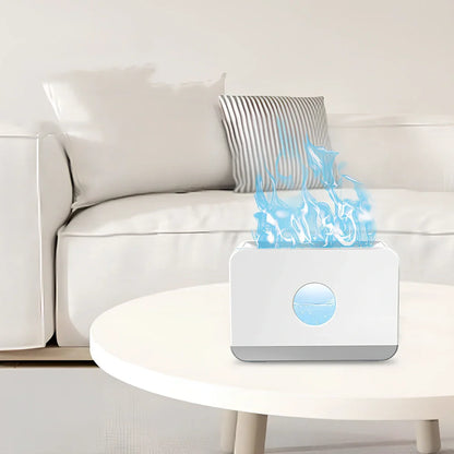 Square two-colour flame aromatherapy humidifier showing black unit with blue and orange flame lighting effect