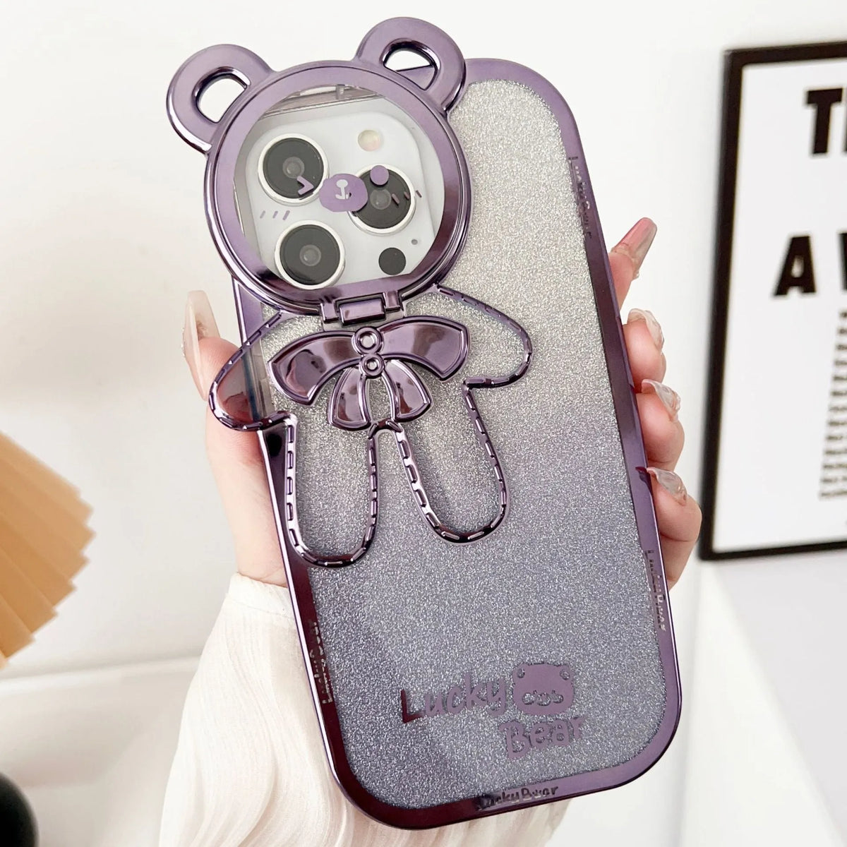 Electroplating glitter phone case with lucky bear bracket and crossbody bag element in Dark Night Purple, Gold or Pink