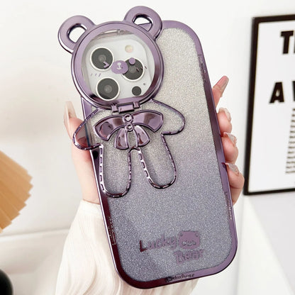 Electroplating glitter phone case with lucky bear bracket and crossbody bag element in Dark Night Purple, Gold or Pink