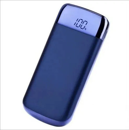 Square aluminium power bank with digital display and multiple USB ports in pink colour.