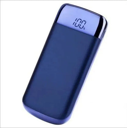 Square aluminium power bank with digital display and multiple USB ports in pink colour.