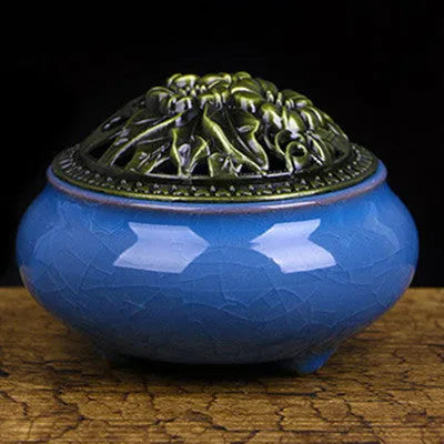 Retro ceramic incense burner in multiple glaze colours with 8cm diameter and 7cm height