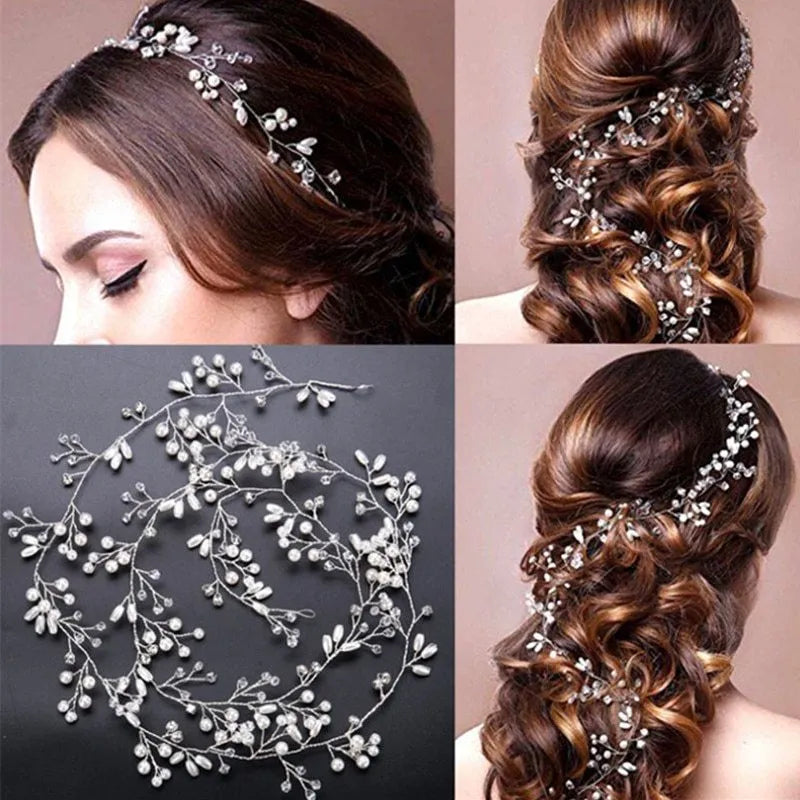 Wedding hair band with crystal pearls, 100cm length, in silver, gold, or rose gold finish
