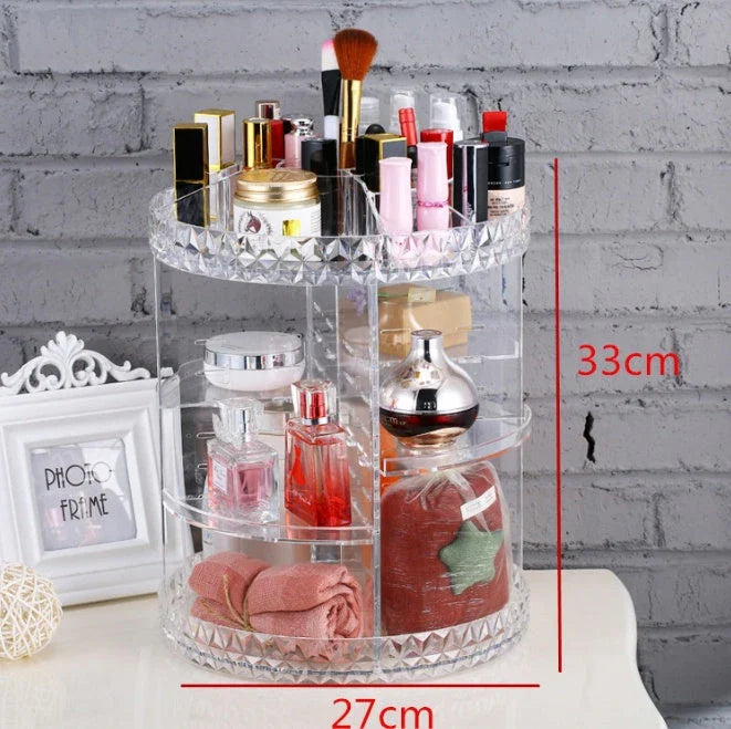 Rotating makeup organizer with detachable drawers in various finishes, including white, black, and transparent options