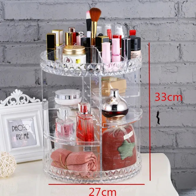 Diamond wave patterned rotating makeup organiser with detachable compartments on a spinning base