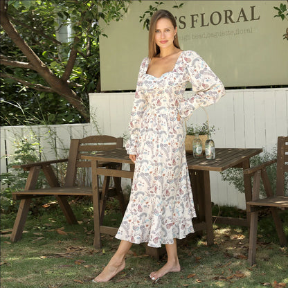 Elegant women's square neck printed long sleeve dress in floral design
