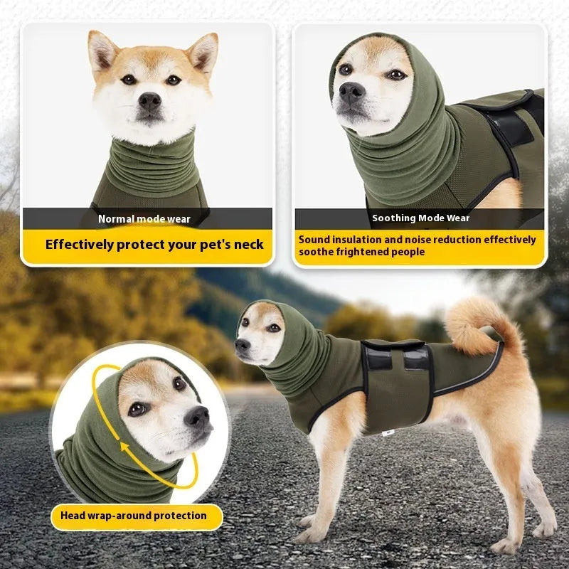 Polyester dog anti-anxiety jacket in army green colour showing mood soothing design for canine pets