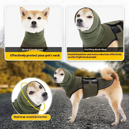 Polyester dog anti-anxiety jacket in army green colour showing mood soothing design for canine pets