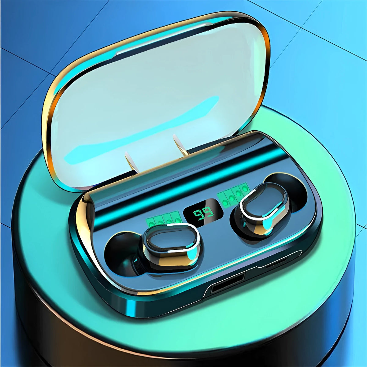 Black XT01 TWS earphone with digital display charging bay, Bluetooth V5.0, and white and blue button light