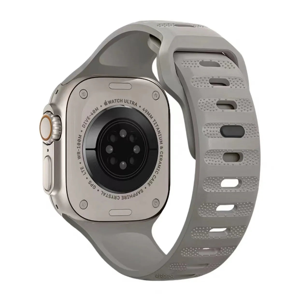 Fluoro rubber Apple Watch strap with T-buckle closure in black, orange, grey, starlight, pink or blue