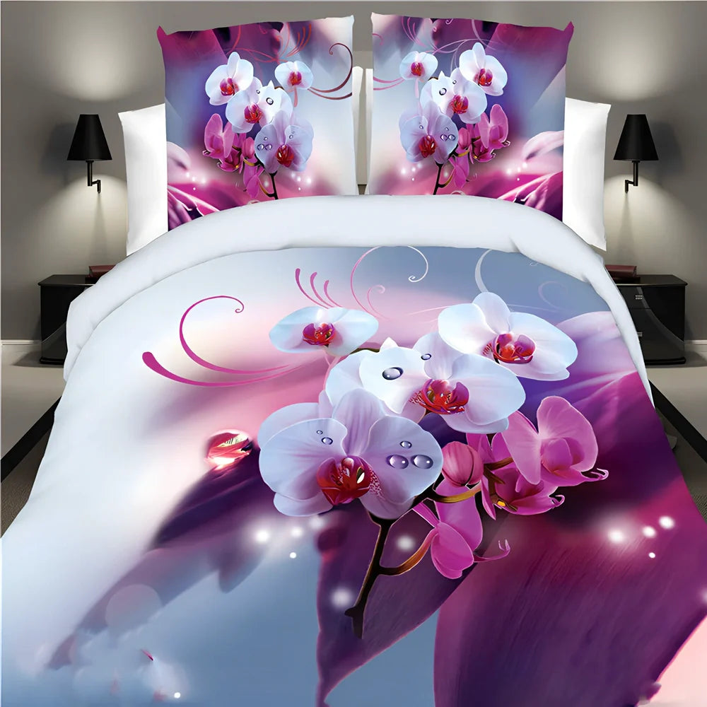Brushed 3D floral four-piece bedding set in A Blue, showing 200x230cm quilt cover with raised pattern and matching pillowcases
