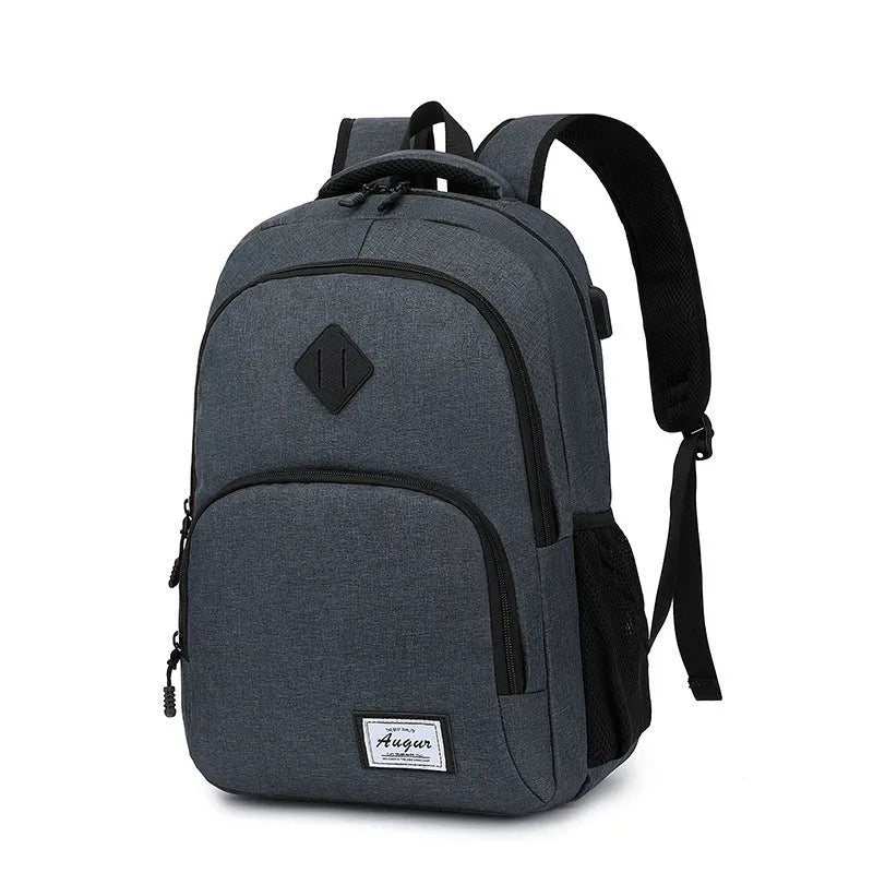 Grey lightweight backpack with USB charging port on shoulder strap.
