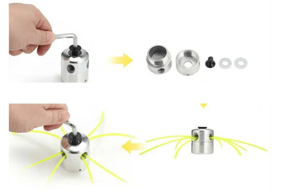Silver aluminium Luzhu lawn mower trimmer head replacement accessory with four light yellow grass ropes and a wrench.