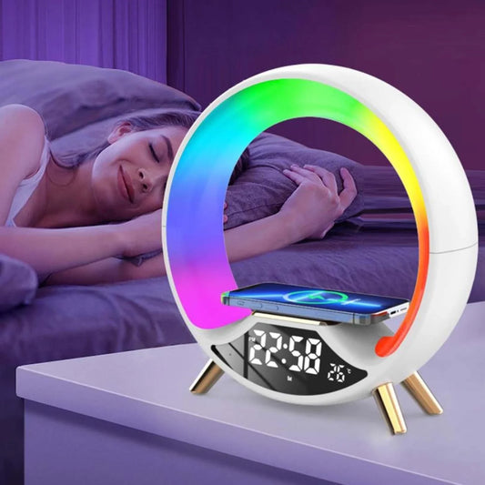 A versatile wireless charging lamp with Bluetooth speaker and ambient lighting effects, suitable for various home and office settings.