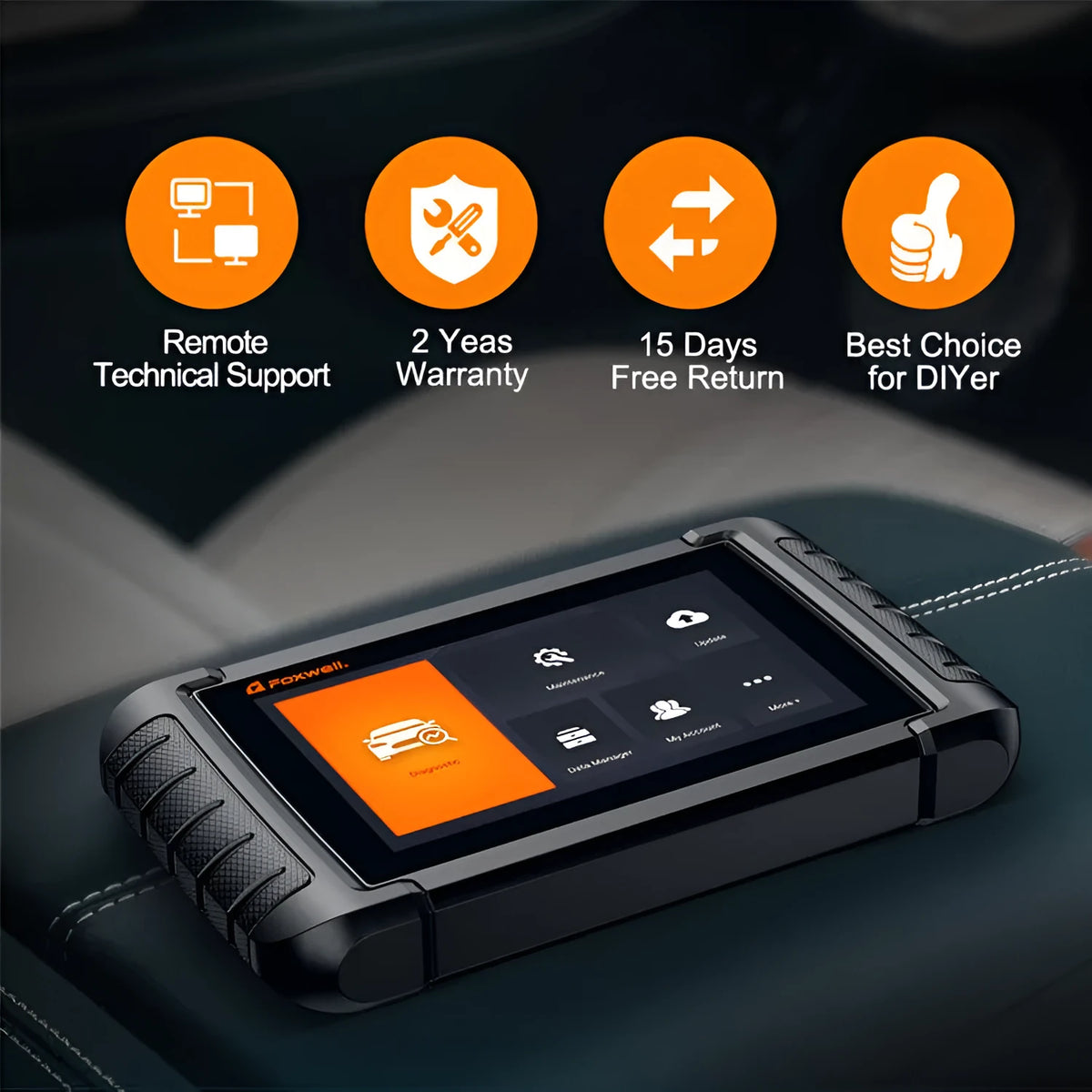 NT809 automotive diagnostic scanner with main unit, cables, and OBDII adapter on workshop bench