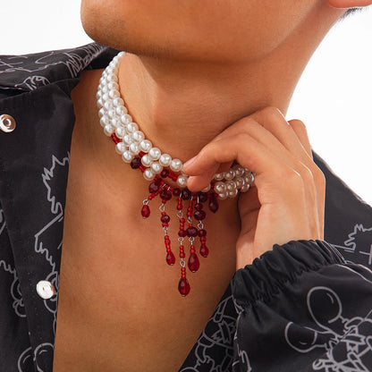 Men's Halloween blood drop tassel necklace with artificial crystal pendant and imitation pearl chain