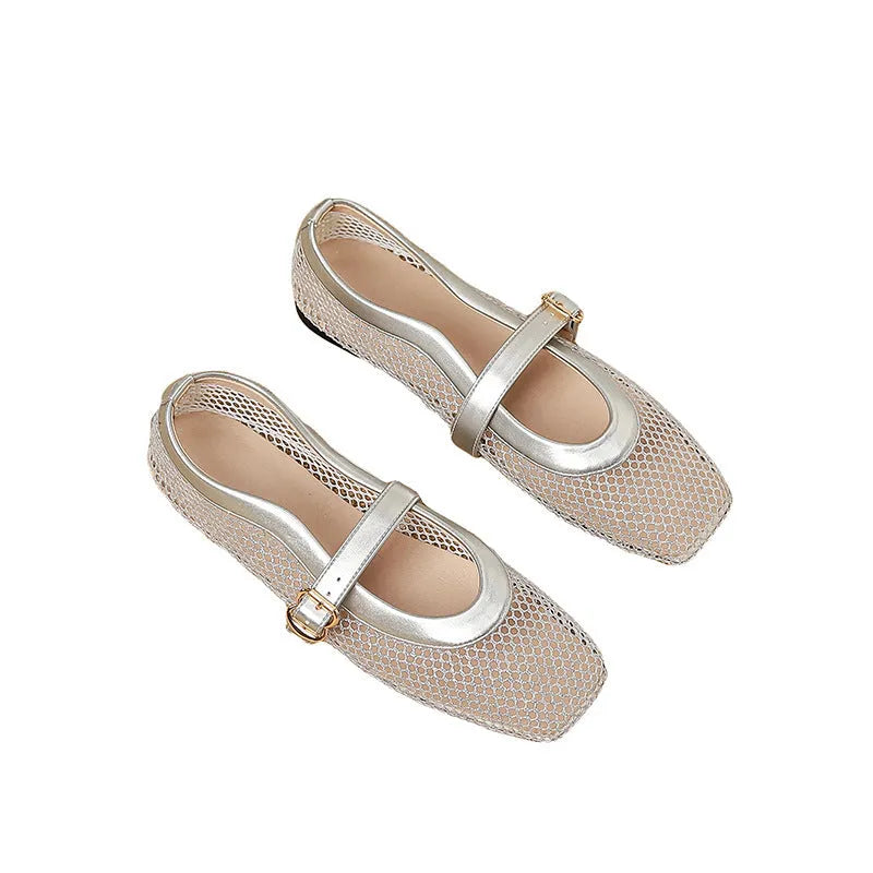 Women's beige mesh hollow out pumps with buckle fastening and square toe on a flat sole.