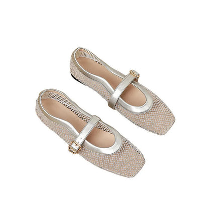 Women's beige mesh hollow out pumps with buckle fastening and square toe on a flat sole.