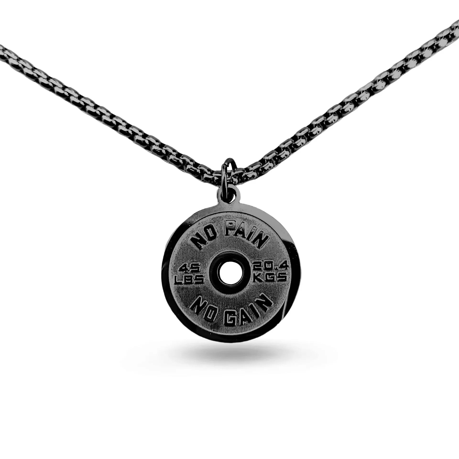 Stainless steel barbell disk necklace with polished pendant on 60cm chain