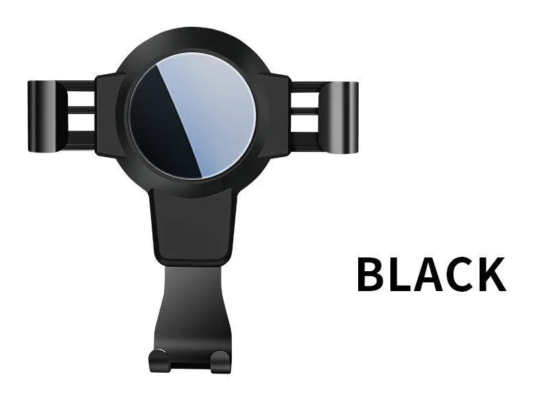 Black S4 gravity mirror car phone holder clipped onto a car air vent, holding a smartphone.