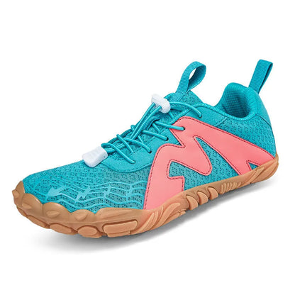 Climbing shoes with Flyknit lining and a rubber sole in A83 colour options on a climbing hold.