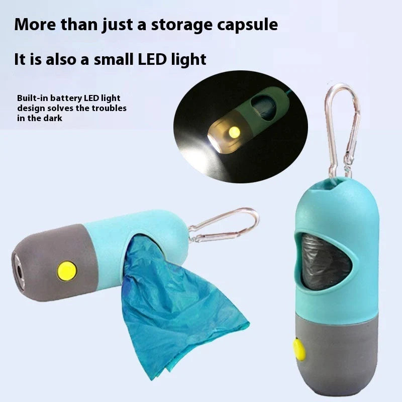 Illuminated pet waste bag dispenser for dogs and cats, available in various stylish colours with or without included garbage bags
