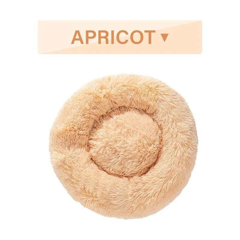 Fluffy Donut Dog Bed washable long plush pet cushion in multiple sizes from S to XL with raised bolster edge for calming pet bed, available in 11 colours including grey, pink, and khaki options without zipper closures
