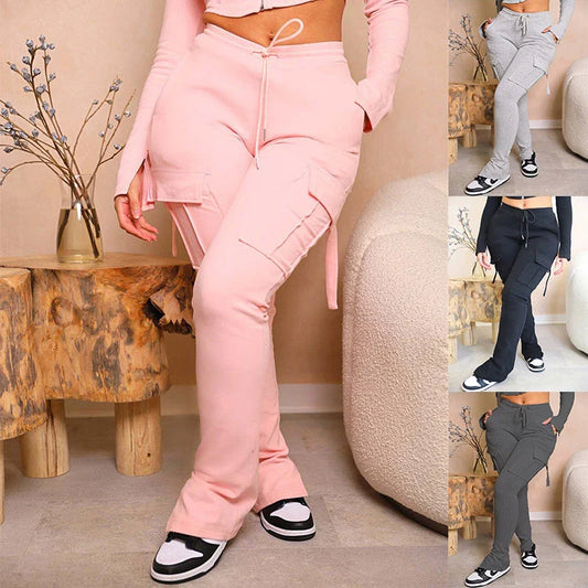 Versatile cargo pants for women with pockets, high-waist, drawstring, and wide-leg design in various colors and sizes