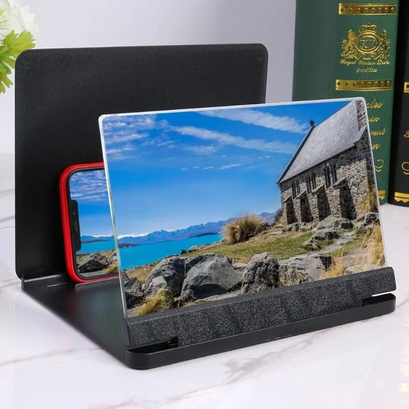 Black portable phone screen amplifier with 9 inch screen and integrated smartphone holder