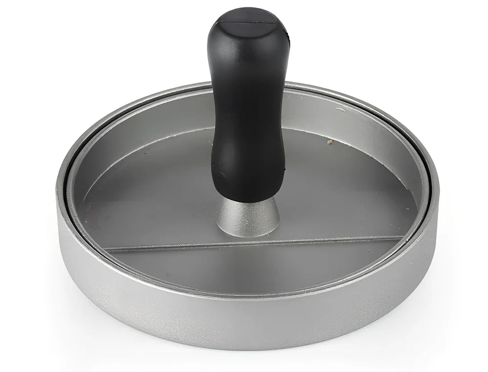 Aluminium burger press with base and handled plate for 1cm thick patties