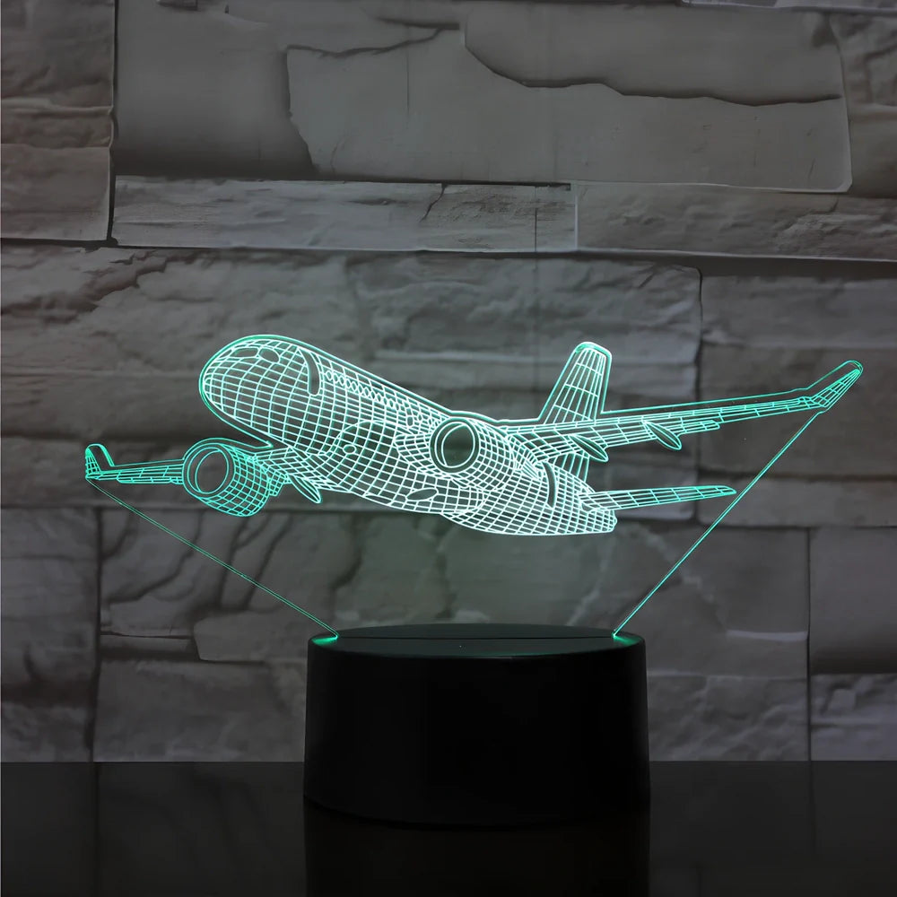 Custom 3D aeroplane hologram night light with personalised name, showing optical acrylic panel and ABS base
