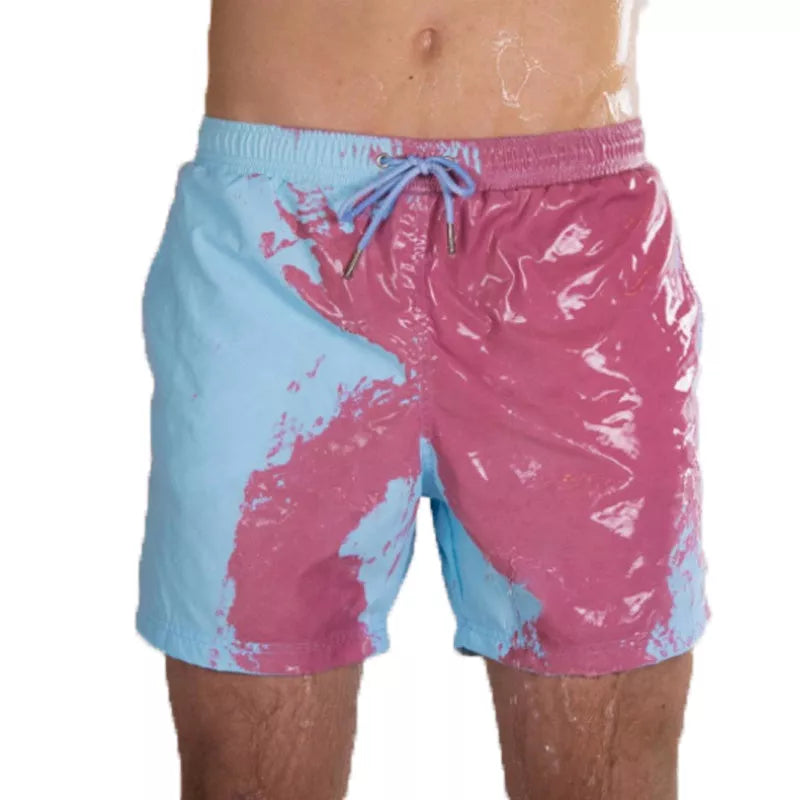 Men's colour-changing beach shorts in various colours, showing quick-dry and water-reactive features