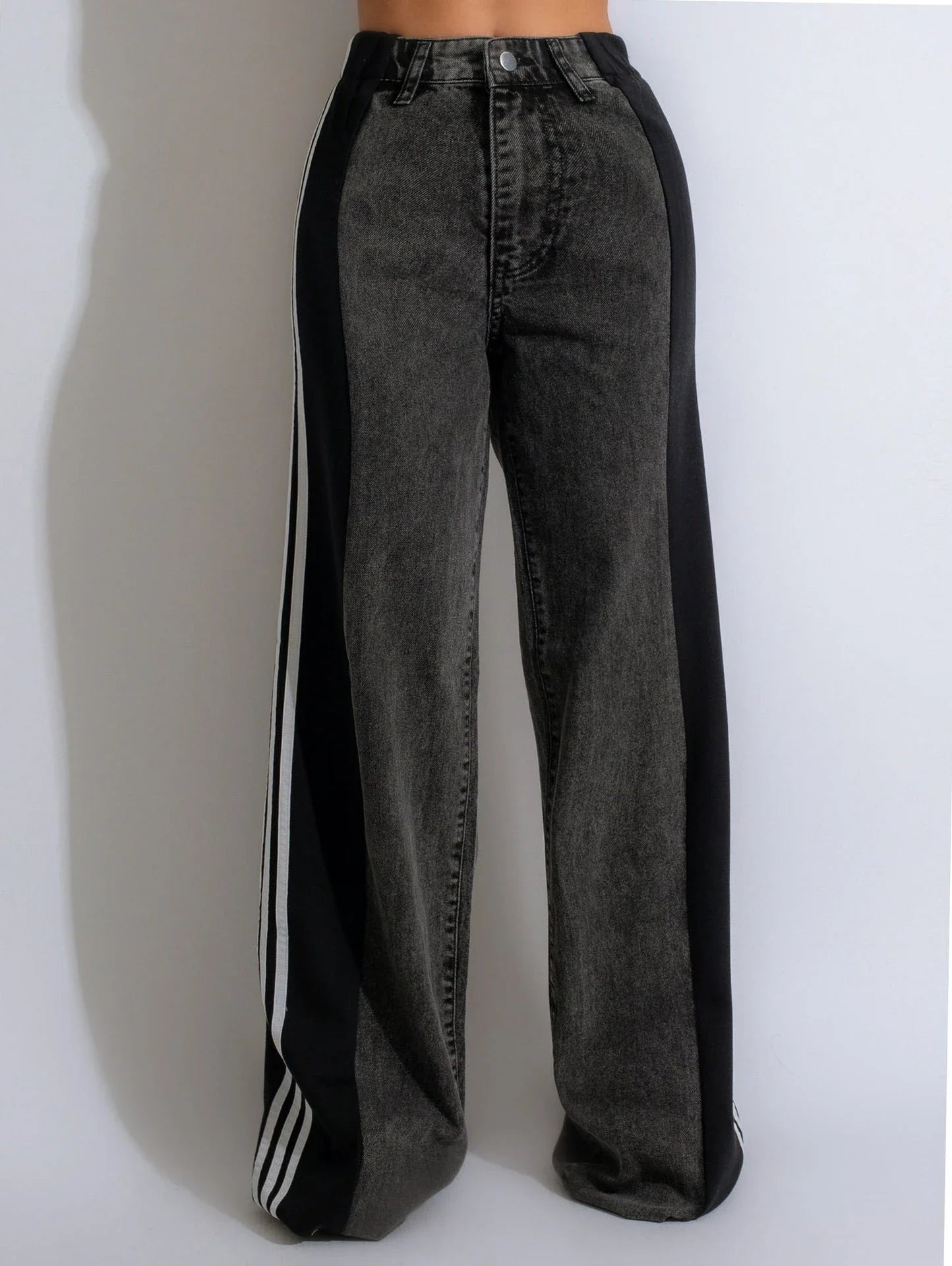 Stylish denim pants with three-stripe patchwork design in various color options