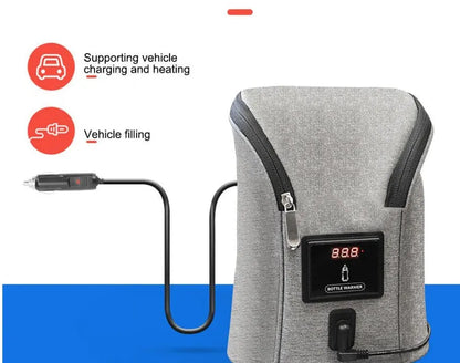 Grey Oxford cloth car USB baby bottle warmer with electronic display and hanging buckle