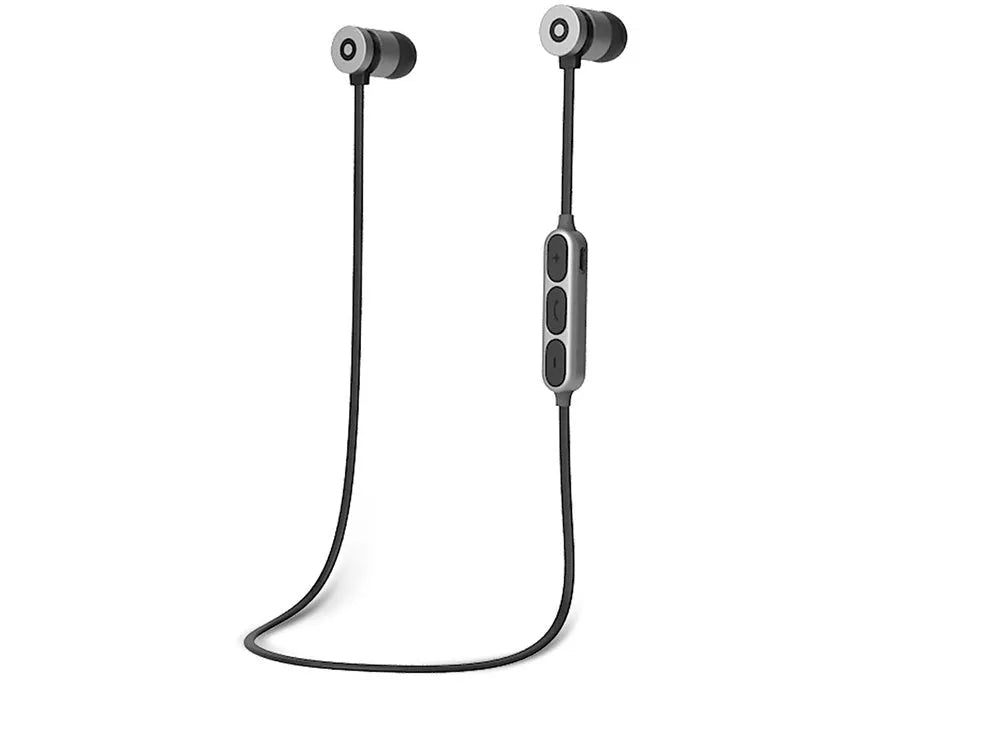 Black metal neck-mounted Bluetooth sports headset with magnetic in-ear earpieces
