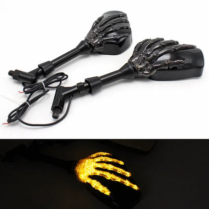 Black motorcycle rearview mirror pair with skull hand ghost claw design, LED reflector, 140mm by 89mm