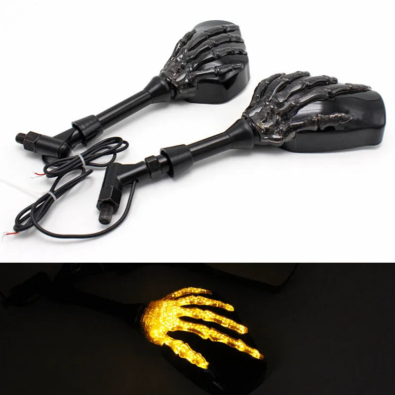 Motorcycle Rearview Mirror Skull Hand Ghost Claw LED Light Reflector Halloween Decoration Black Aluminium Alloy Cover 140mm x 89mm Pair