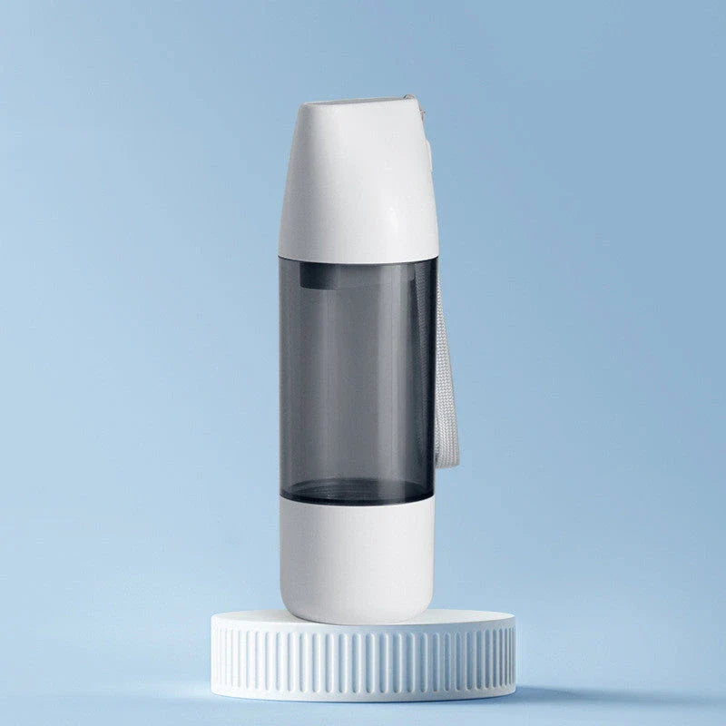 Portable Dog Water Bottle with Segmented Water Cup and Food Container, Leak-Proof Design, and Push-Button Water Dispenser