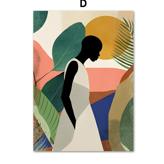 Frameless abstract canvas painting of African women with flower and leaf patterns, spray-painted oil on rectangular canvas, sizes up to 60x100cm