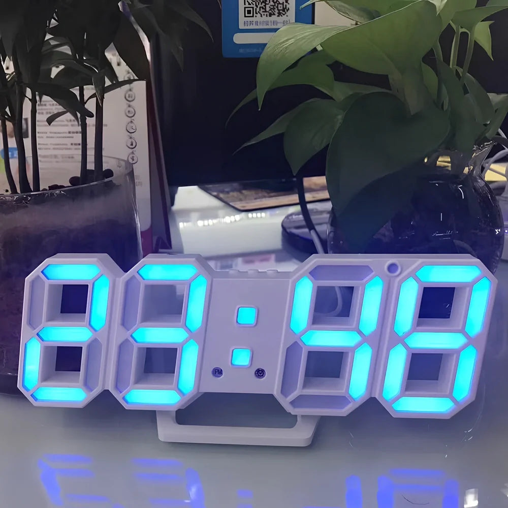 3D LED wall digital clock showing time, date and temperature with multiple colour options