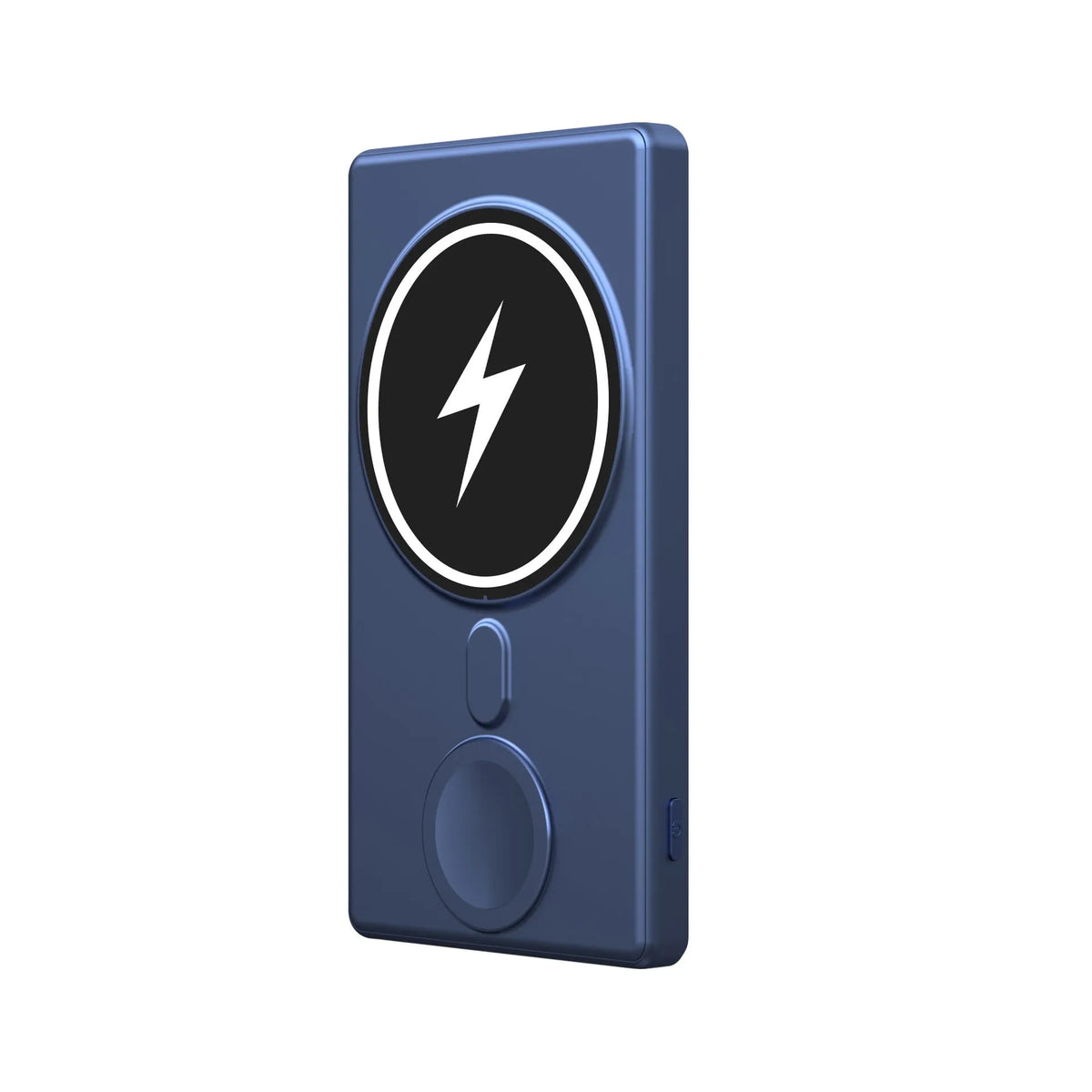 Black ultra-thin magnetic wireless charging power bank showing iPhone attached and iWatch cable connected