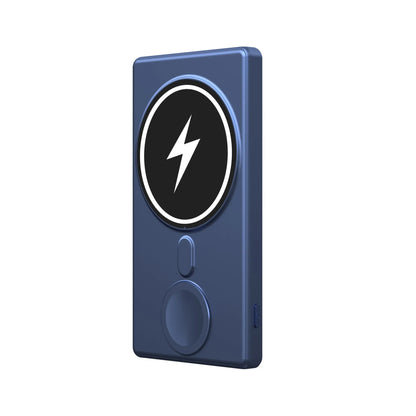 Black ultra-thin magnetic wireless charging power bank showing iPhone attached and iWatch cable connected
