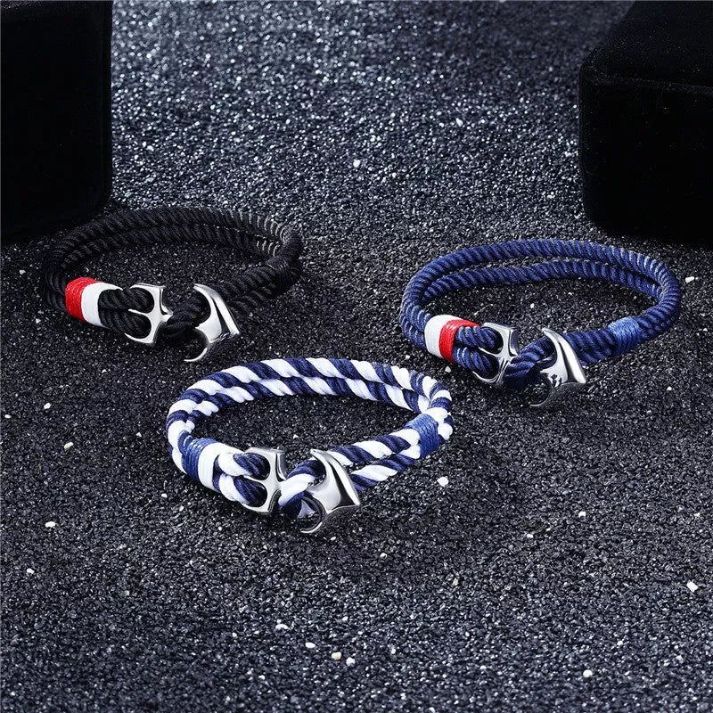 Men's nautical anchor bracelet with survival paracord rope and metal hooks