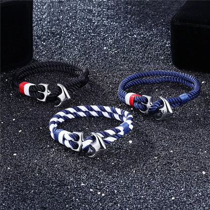 Men's nautical anchor bracelet with survival paracord rope and metal hooks