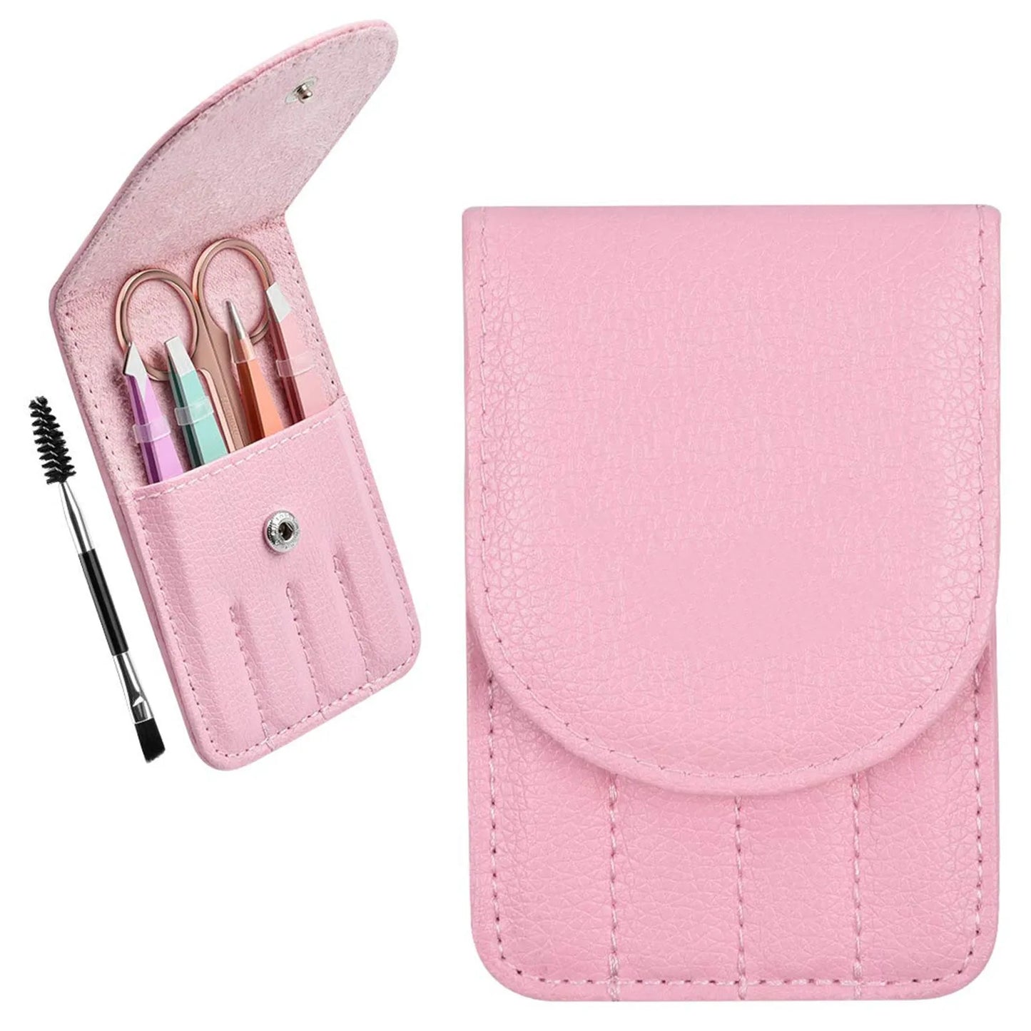 Professional stainless steel eyebrow tweezers set with scissors, brush, and leather case.
